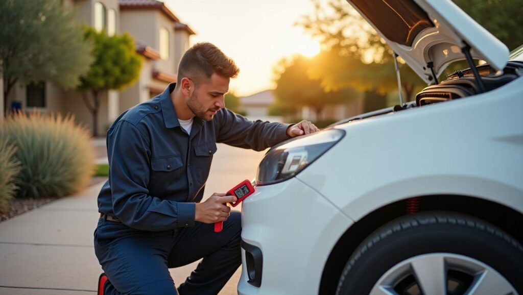 A mobile mechanic performing on-site repairs on a delivery van in San Jose, with the city skyline in the background