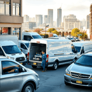 Fleet of commercial vehicles parked at a business location in San Jose, with a mechanic servicing a van in the foreground